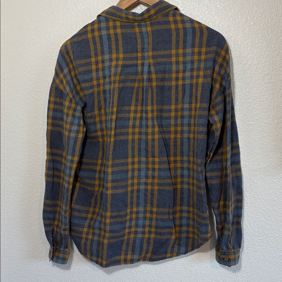 prAna Percy Organic Cotton Flannel Shirt Blue Gray Gold Plaid Size Small - Picture 3 of 5